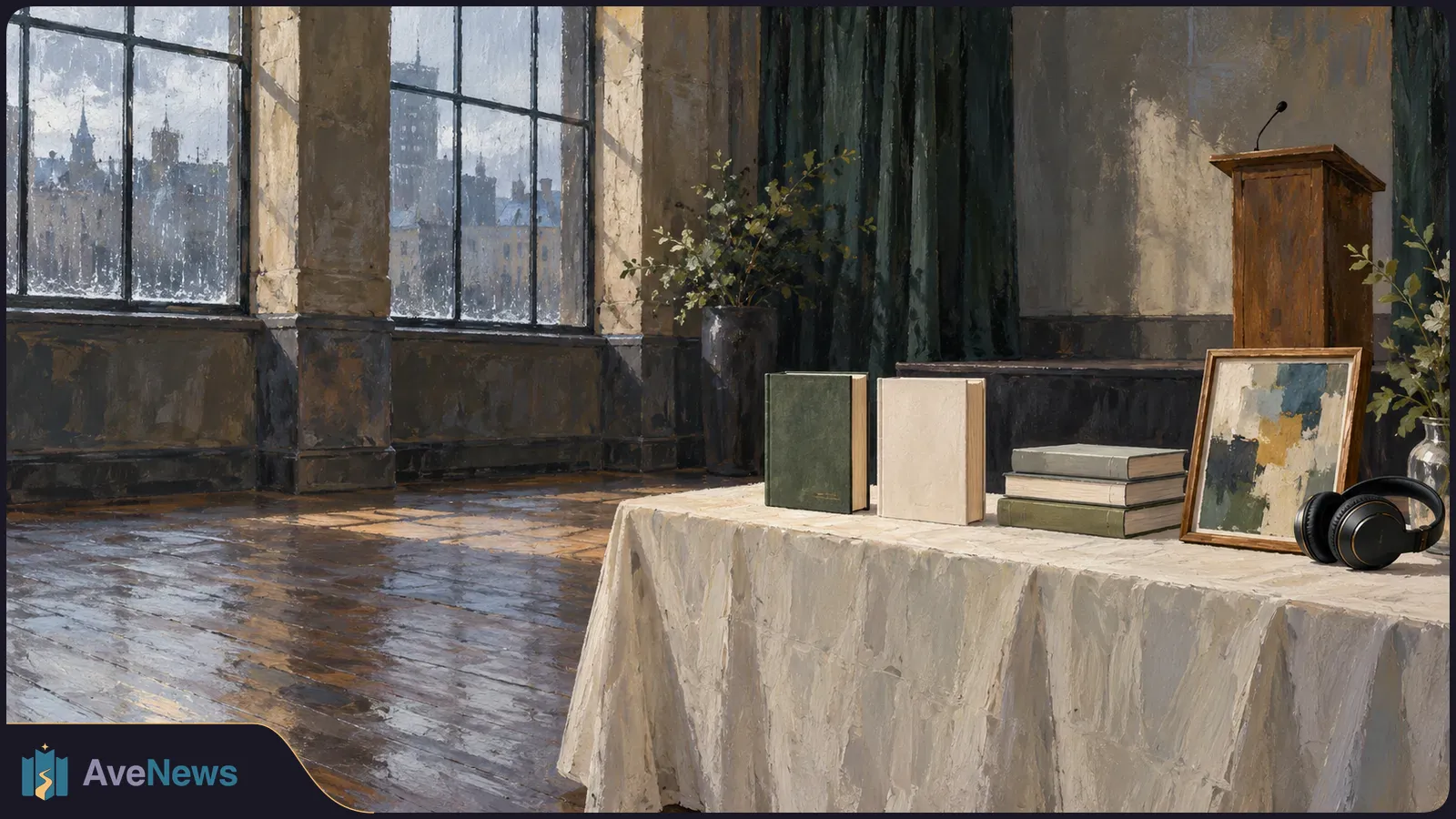 Painted scene of an empty hall with tall windows and a lectern; blank books, framed artwork and headphones sit on a cloth-covered table. SI illustration