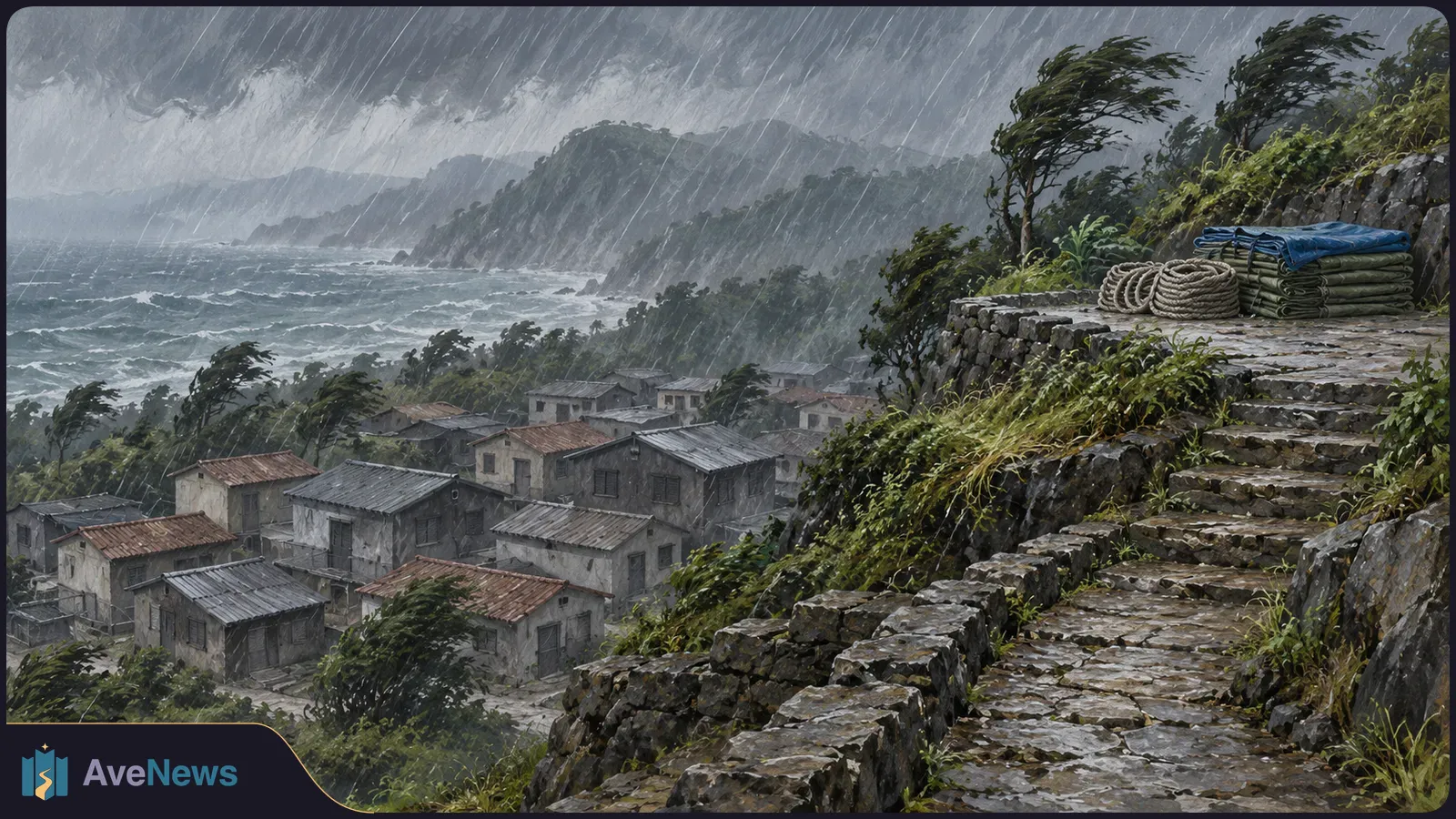 Illustration of heavy rain and wind over a coastal village, with rough seas, bent trees, and wet stone steps beside coiled rope and folded tarps. SI illustration