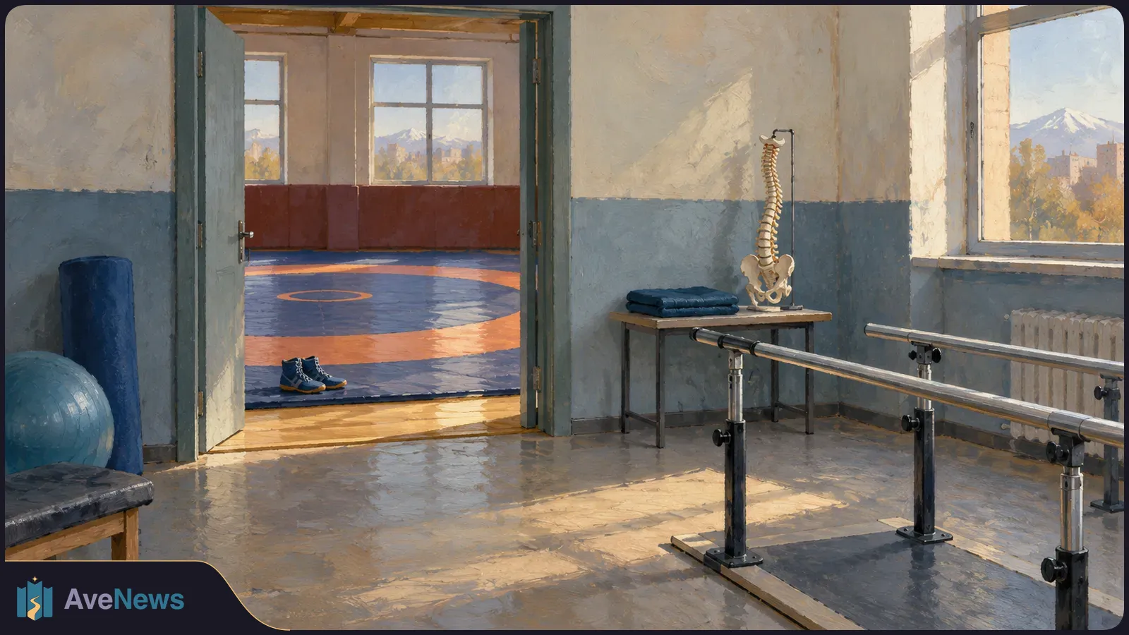Painted rehabilitation room with parallel bars and a spine model; exercise mats and a pair of shoes sit nearby, with mountains visible through the windows. SI illustration