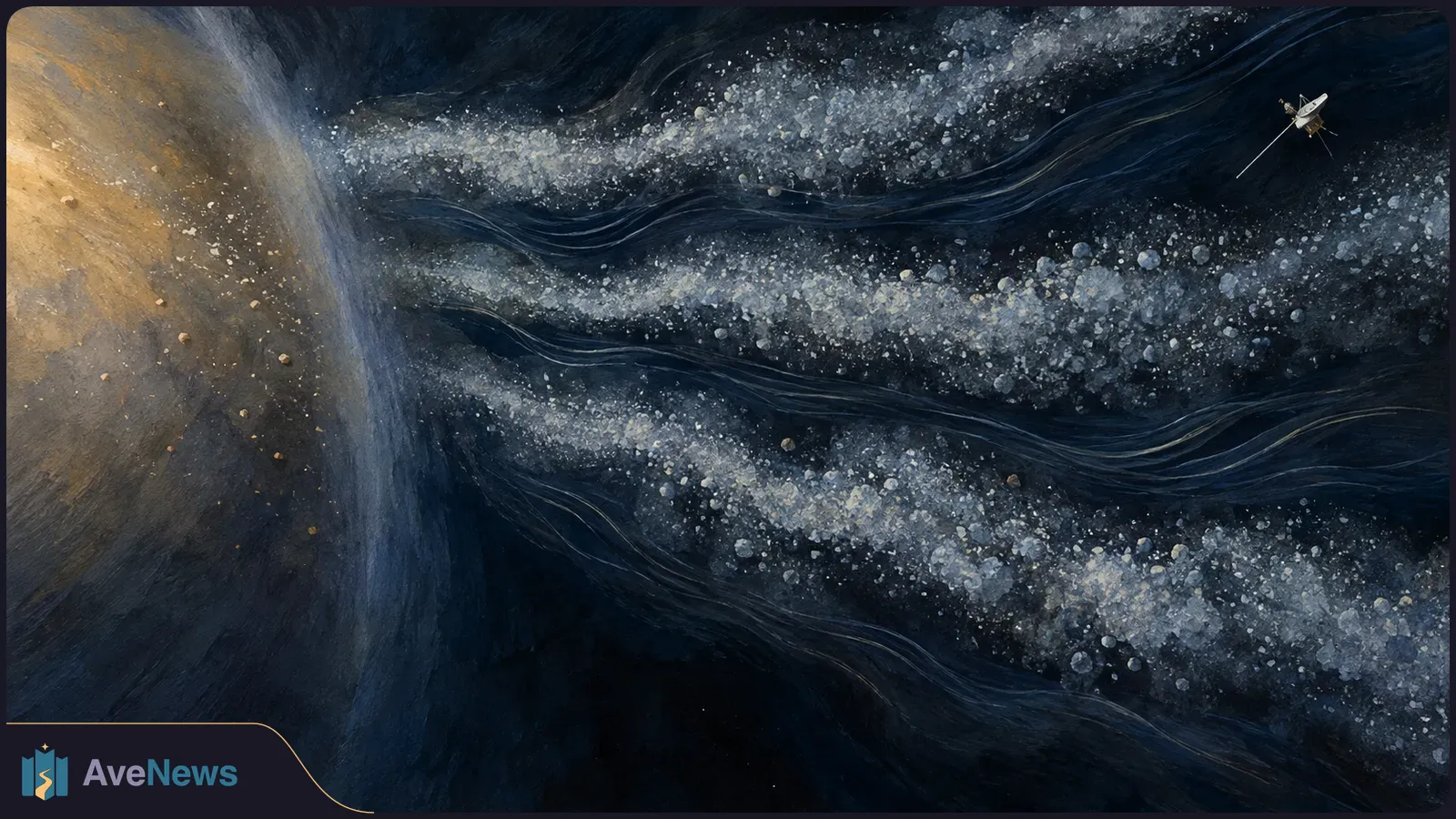 Painted space scene with a golden glow at left, pale streams of particles sweeping across dark space, and a small spacecraft at upper right. SI illustration