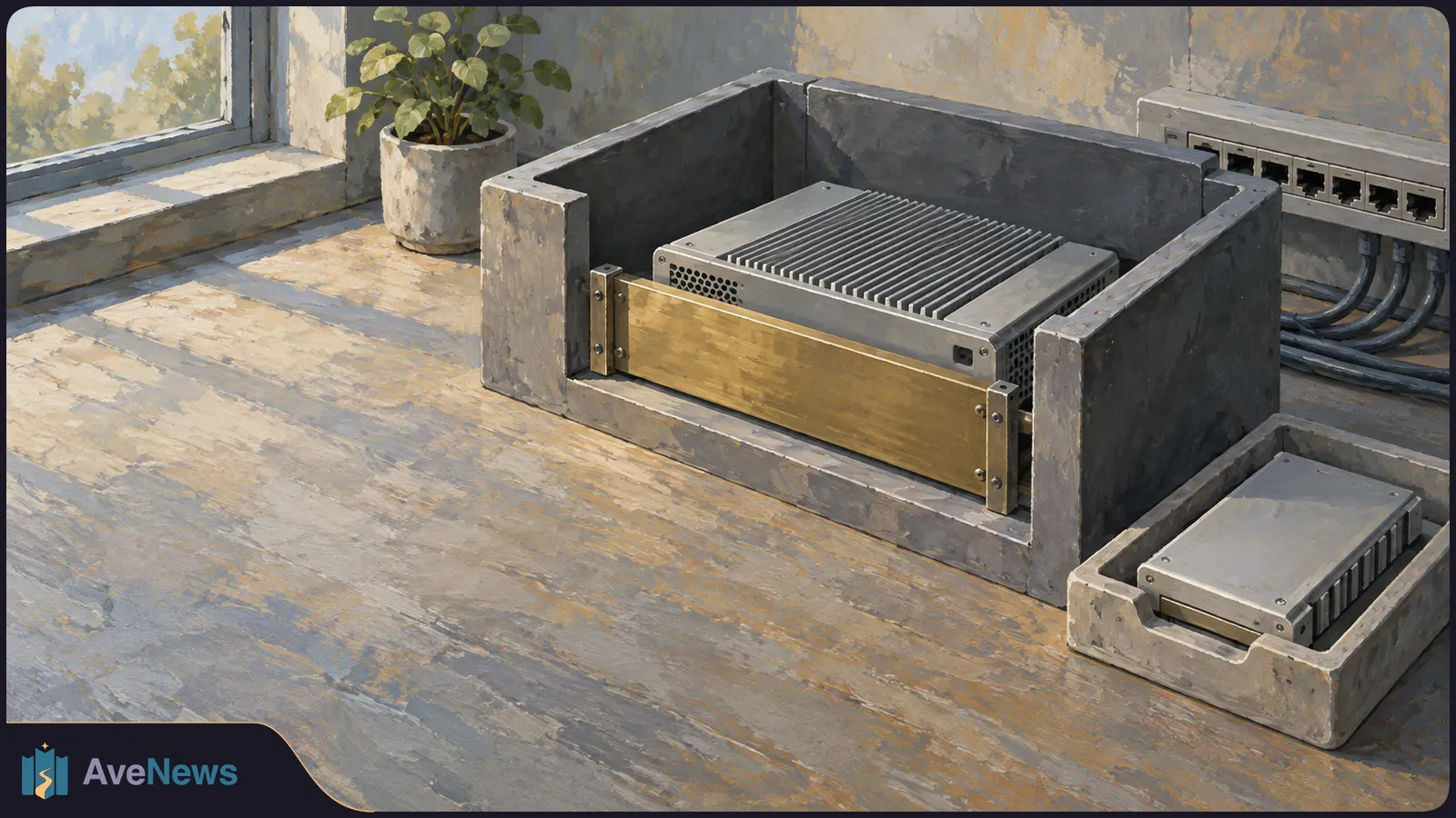 Painted illustration of a finned computer device inside a concrete enclosure, with a smaller device beside it and cables connected to a network unit on the wall. SI illustration