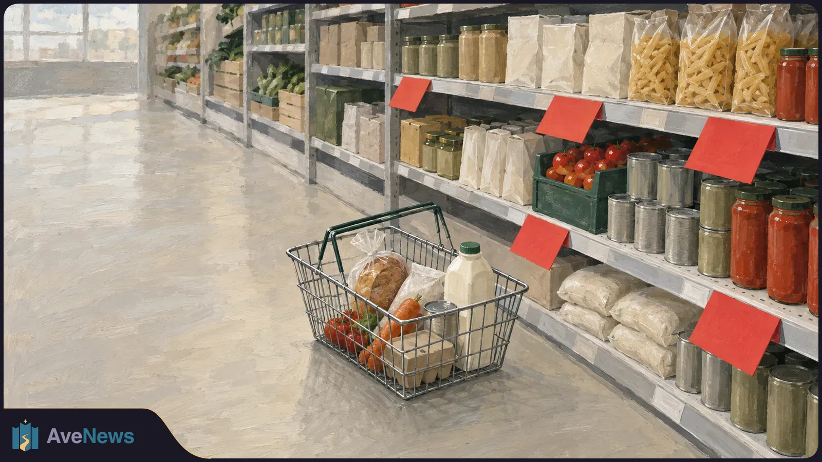A painted grocery aisle with shelves of food and blank red sale tags. A shopping basket of groceries sits on the floor in the foreground. SI illustration