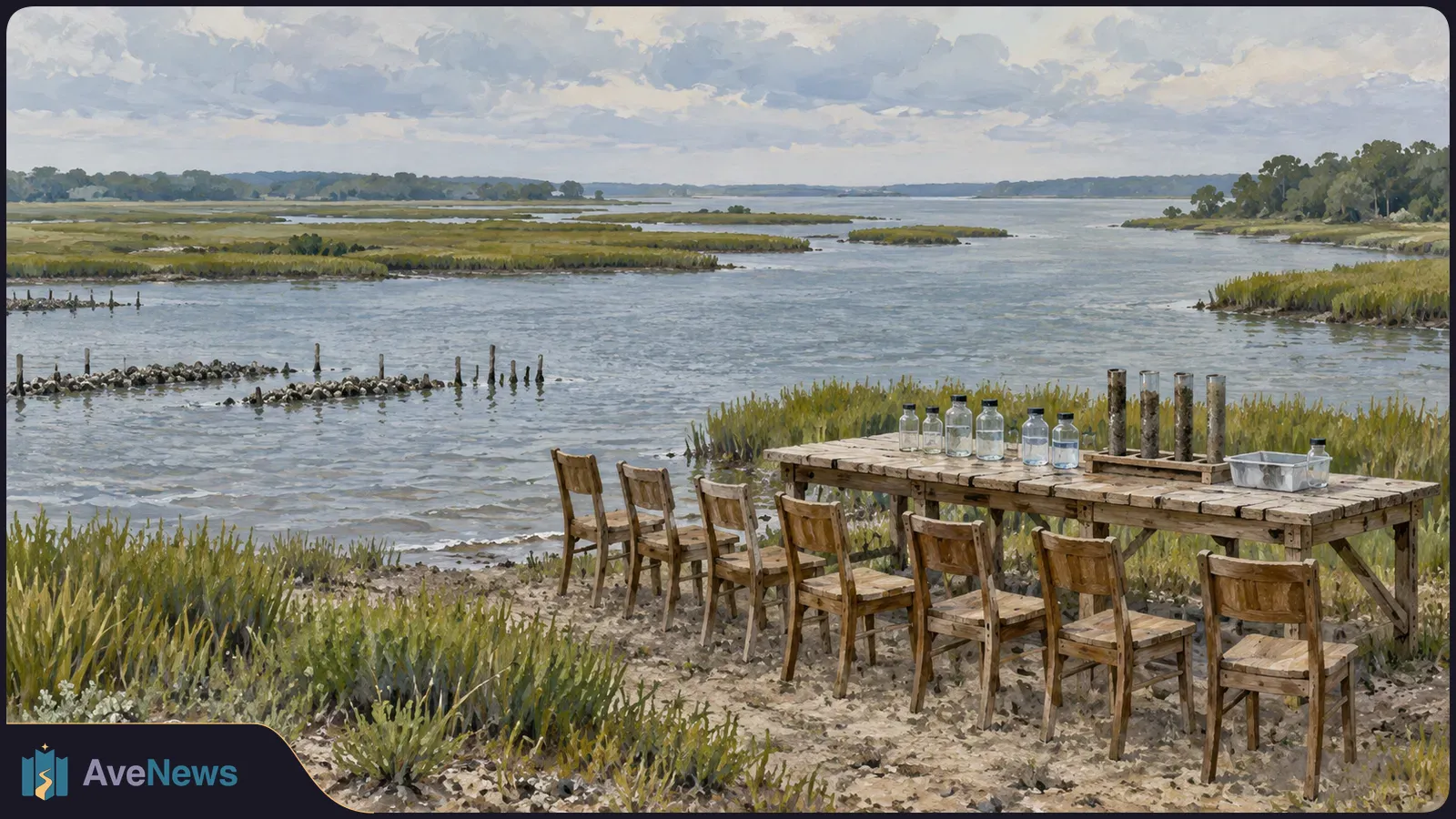 Seven empty wooden chairs line a table beside a marshy bay. Clear sample bottles and upright cylindrical samples sit on the table under a cloudy sky. SI illustration