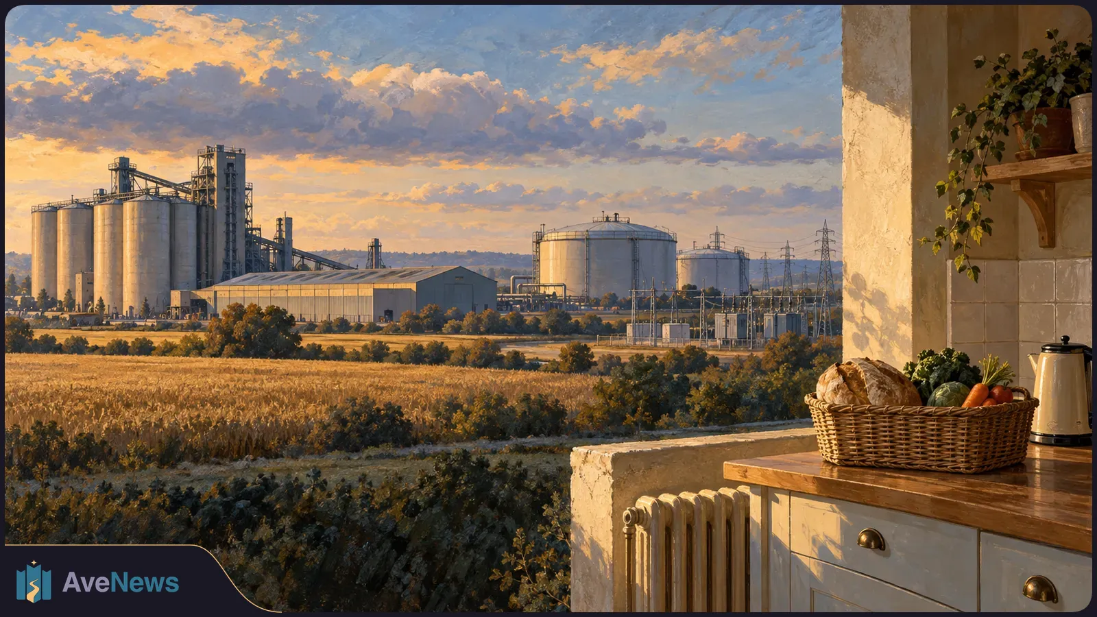 Painted view from a kitchen: a basket of bread and vegetables sits beside a wheat field, industrial silos and power lines under a sunset sky. SI illustration