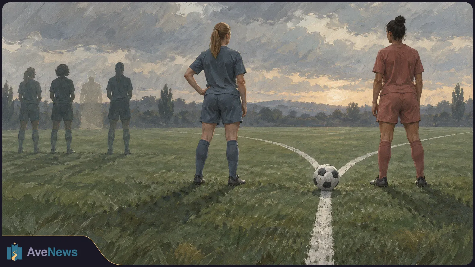 Painterly illustration of two soccer players seen from behind in blue and pink kits, with a ball between them and four faint figures at left under a cloudy sky. SI illustration