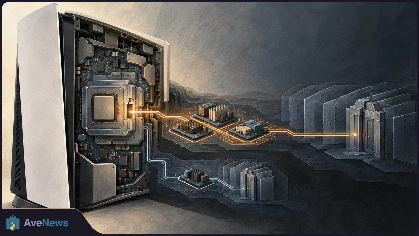 Illustration of a white-and-black game console with exposed circuitry. Glowing lines run from a large chip to smaller modules and stacks of gray slabs. SI illustration
