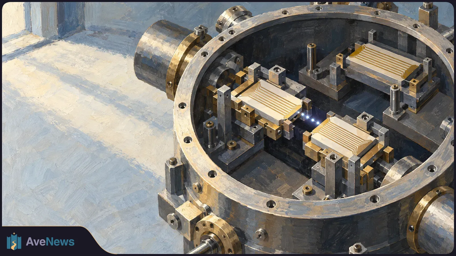 Painted illustration of three gold-lined chip modules mounted inside a large open metal apparatus, with small blue lights between them. SI illustration