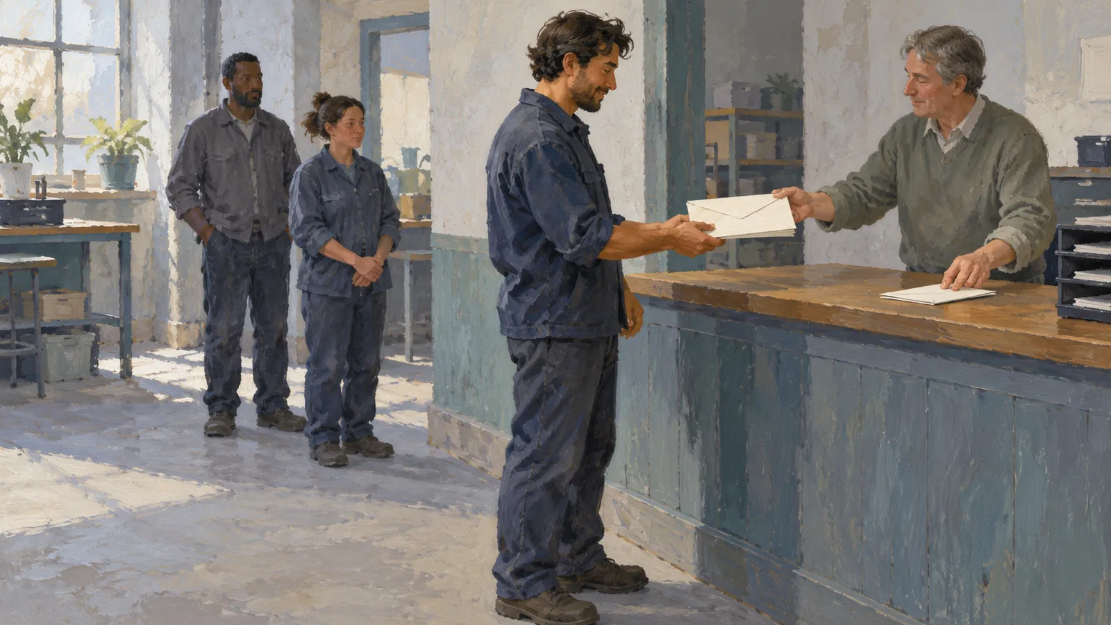 An illustration of a man handing an envelope to another man across a counter, while two people wait behind him. SI illustration