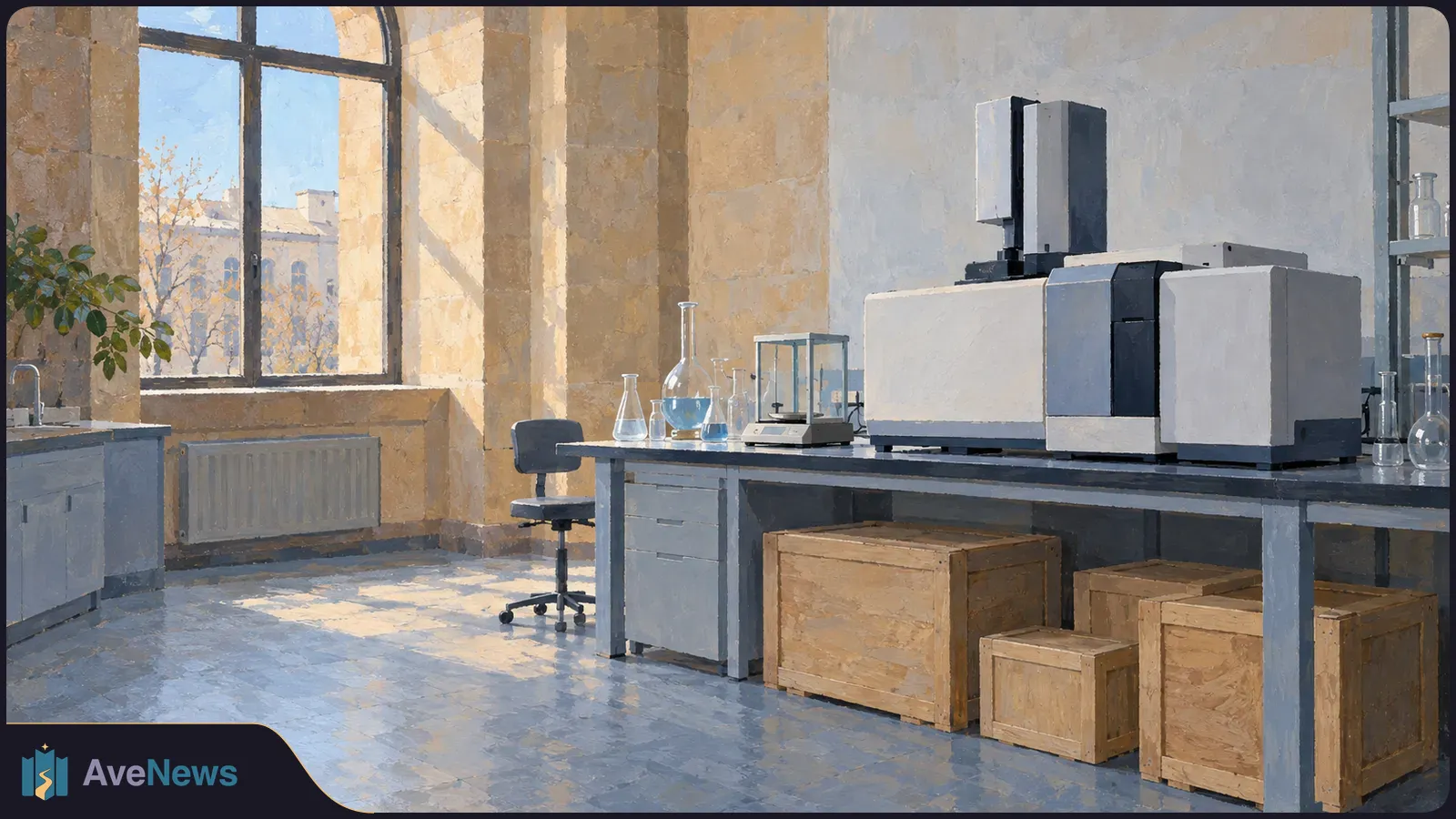 Painterly sunlit laboratory with large instruments, glass flasks and wooden crates beneath a workbench. SI illustration