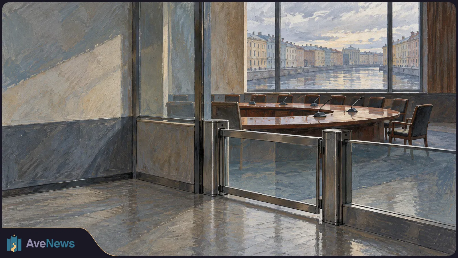 Painted empty meeting room with a conference table and microphones behind a glass barrier; a canal and rows of buildings are visible through the windows. SI illustration