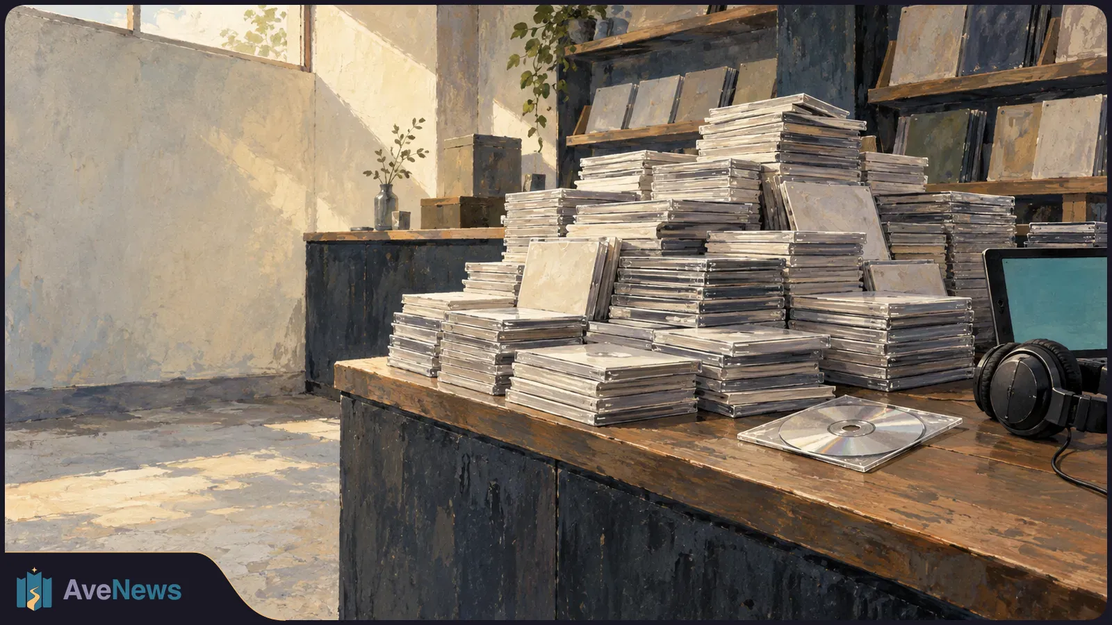 Painterly illustration of CD cases stacked on a wooden counter and shelves, with a loose disc, headphones and a blank blue-green screen. SI illustration