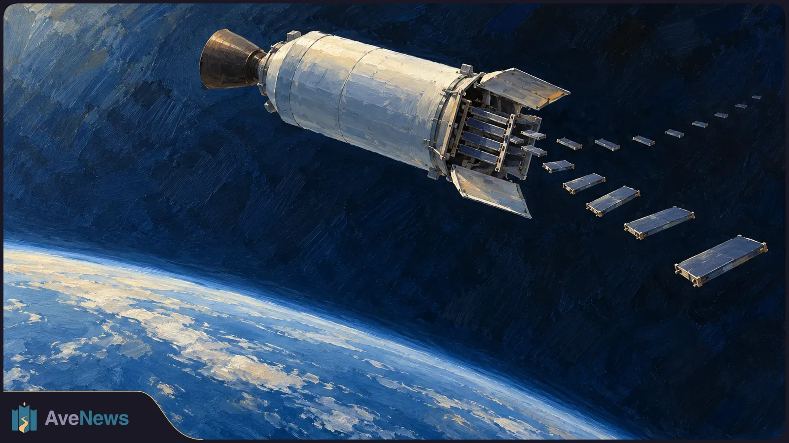 Painterly illustration of a cylindrical spacecraft releasing a line of rectangular satellites above Earth’s curved blue horizon. SI illustration