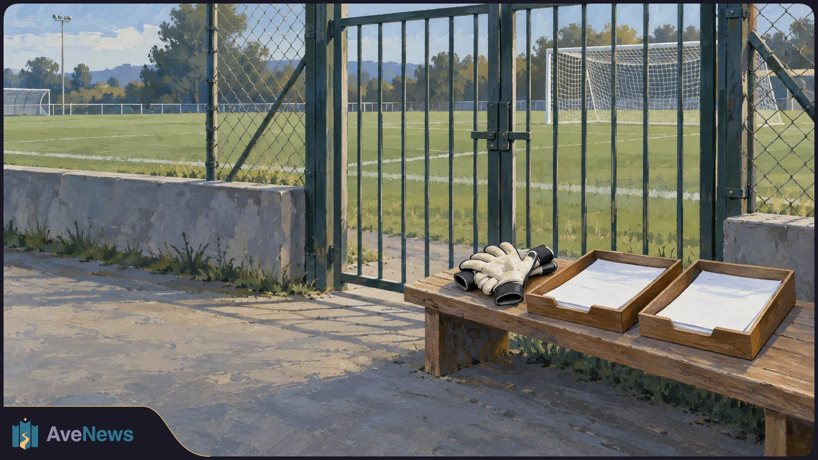 Goalkeeper gloves and two trays of blank papers rest on a wooden bench beside a gated football field, with a goal in the background. SI illustration