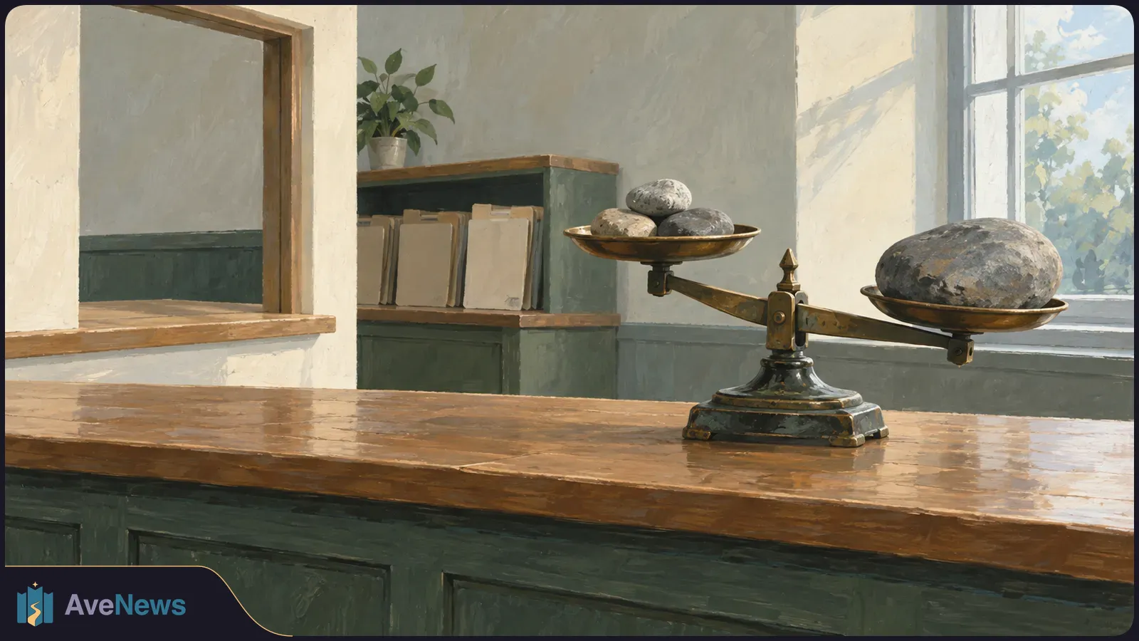 Painted balance scale on a wooden counter, with three small stones on one pan and one large stone on the lower pan. Blank folders and a window are behind it. SI illustration