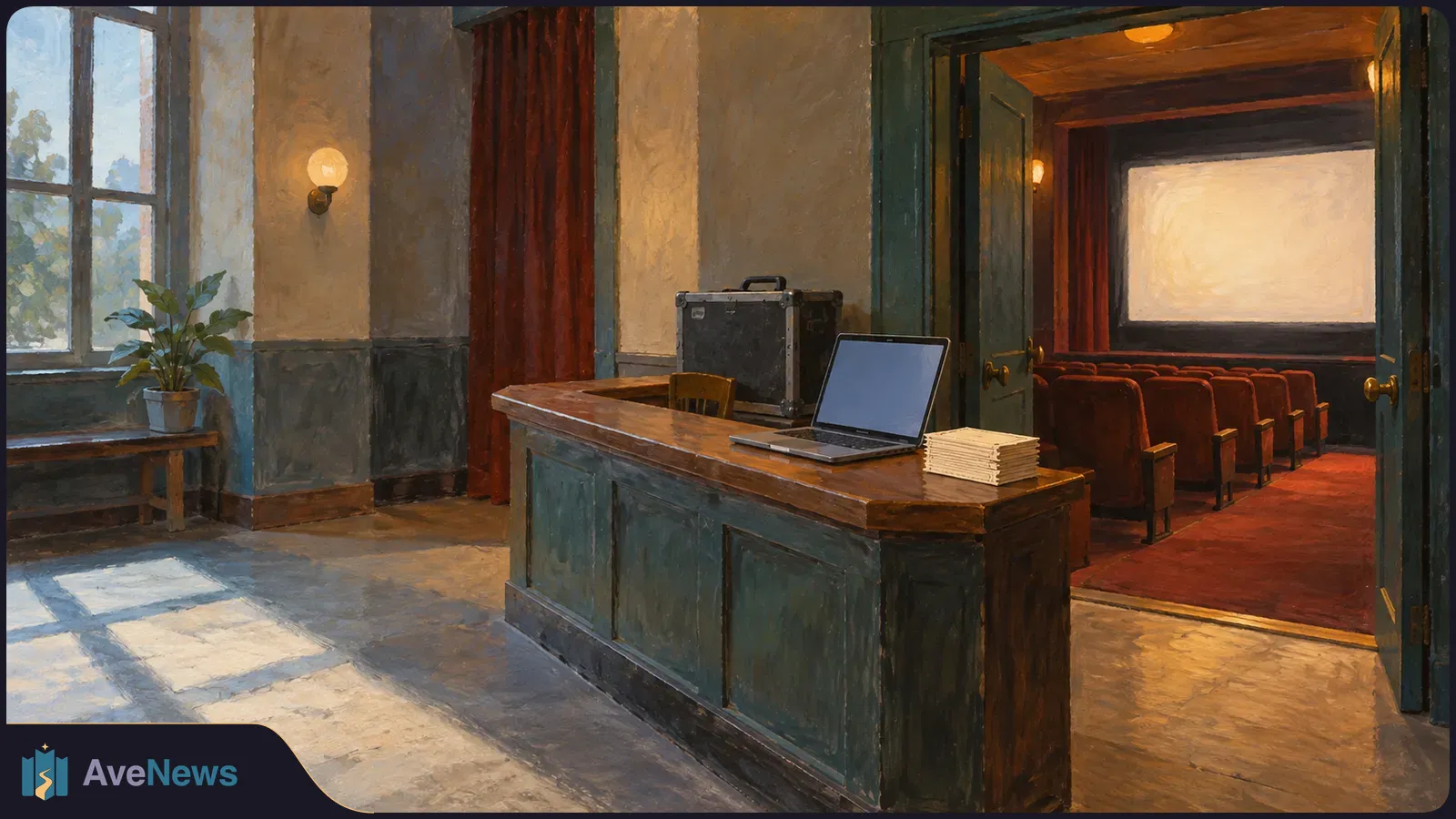 Painted cinema foyer with a wooden counter holding a laptop, a black case and a stack of papers; open doors reveal rows of seats and a blank screen. SI illustration