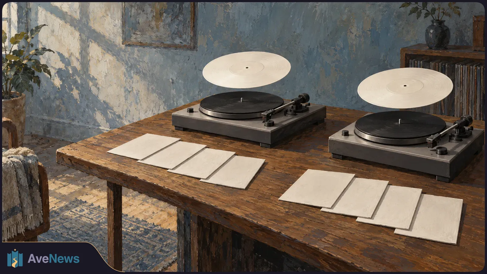 Painterly room with two turntables on a wooden table. A white disc hovers above each, with four blank white sheets laid out in front of each player. SI illustration