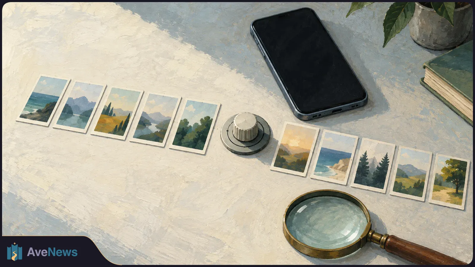 Painted tabletop scene with a dial between two groups of landscape picture cards, a phone with a dark screen above, and a magnifying glass below. SI illustration