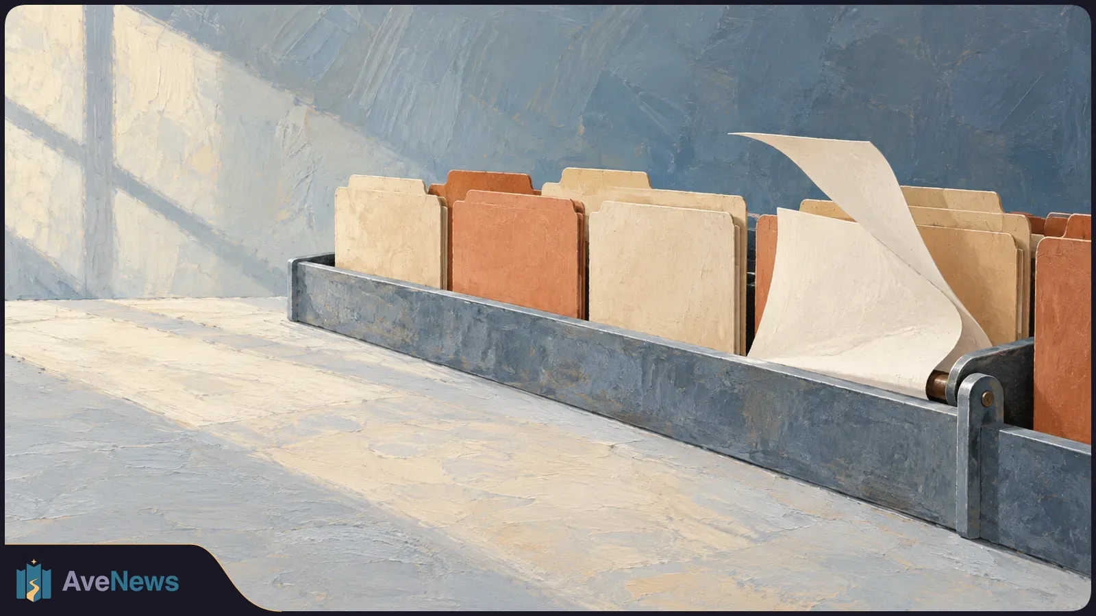 Painted cream and rust-colored file folders in a long gray tray, with a blank white sheet curling upward against a blue-gray wall. SI illustration