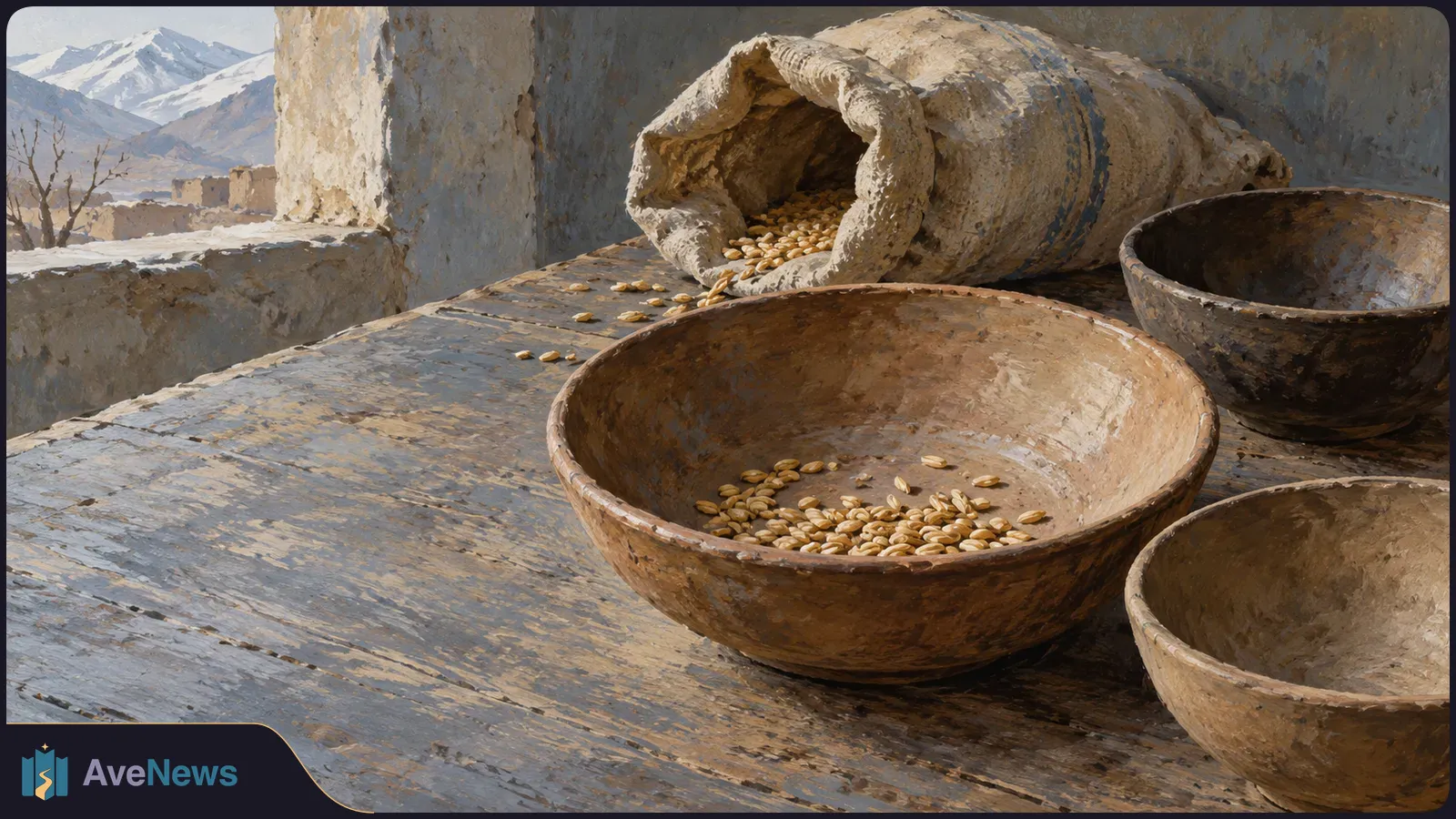 Illustration of a torn sack spilling grain onto a wooden table beside three bowls, with snowy mountains visible through a window. SI illustration