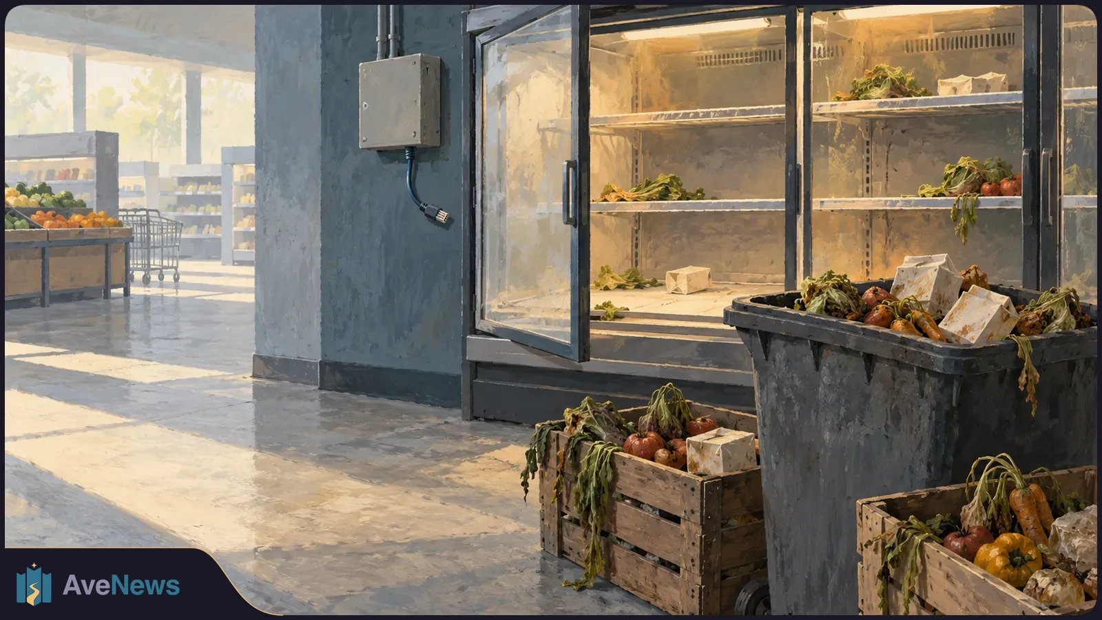 An illustrated supermarket aisle with a sparsely stocked refrigerated case, an open glass door, and bins of wilted vegetables and cartons in the foreground. SI illustration