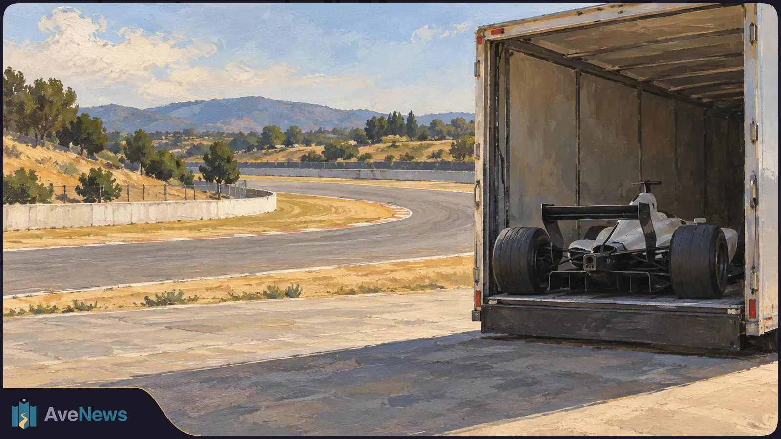Painted scene of an open-wheel race car inside an open truck trailer beside a curving racetrack, with dry hills and trees beyond. SI illustration