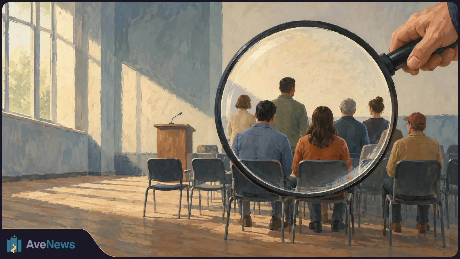 Illustration of people seated in a sunlit meeting room facing an empty podium, with a large magnifying glass framing the audience. SI illustration