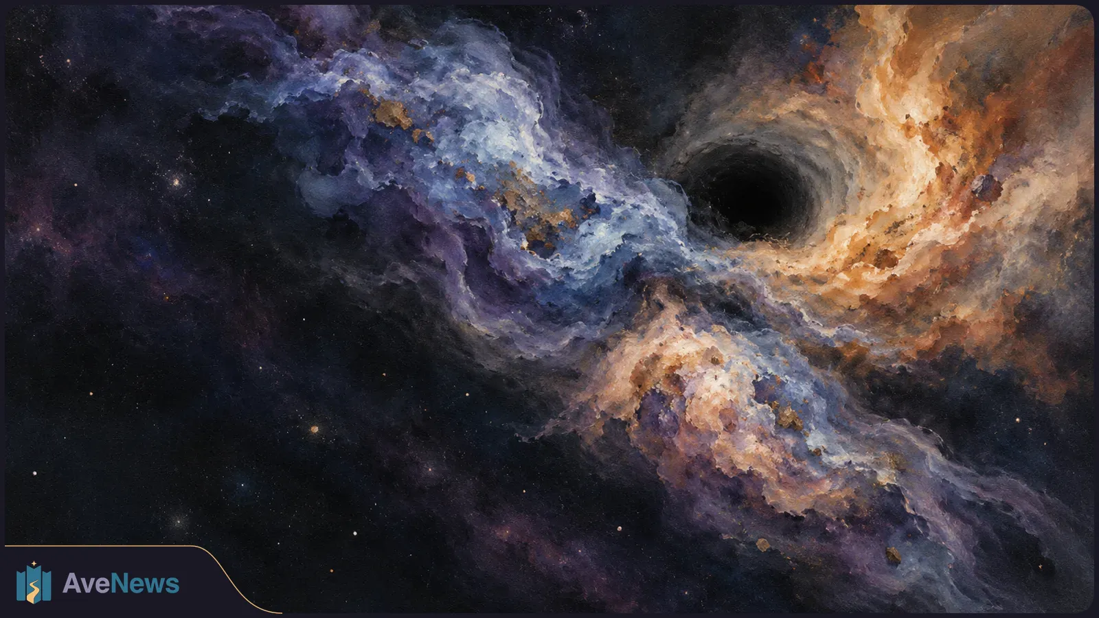 Painted star field with a dark circular center surrounded by swirling orange, blue and purple clouds of gas. SI illustration