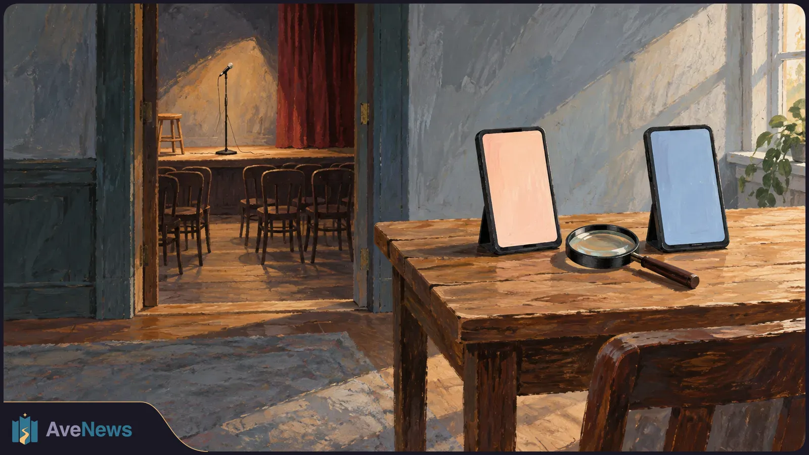 Painted scene of two blank-screen devices and a magnifying glass on a wooden table, with an empty microphone stage and chairs through an open doorway. SI illustration