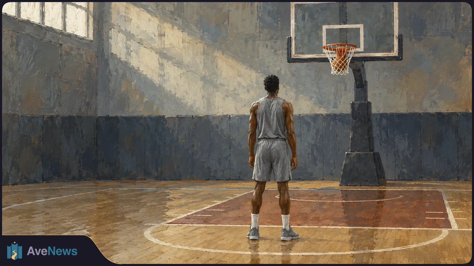 An illustrated basketball player in gray stands with their back to the viewer on an indoor court, facing a hoop with a ball in the net. SI illustration