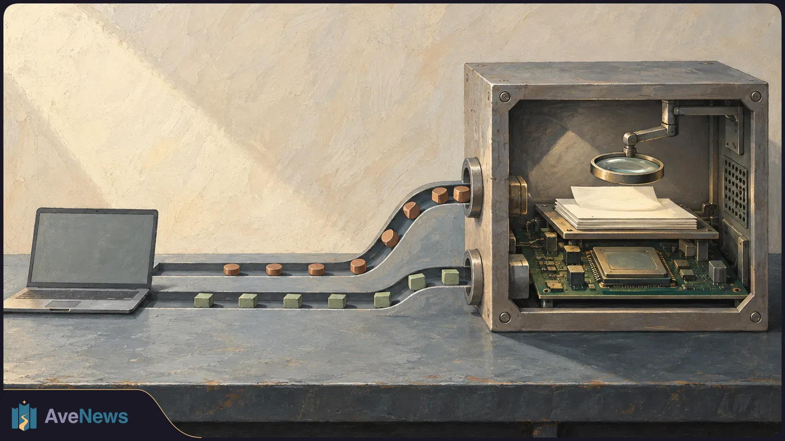 Painted illustration of a blank-screen laptop linked by two tracks of small blocks to an open metal box containing a circuit board, blank papers and a magnifying lens. SI illustration
