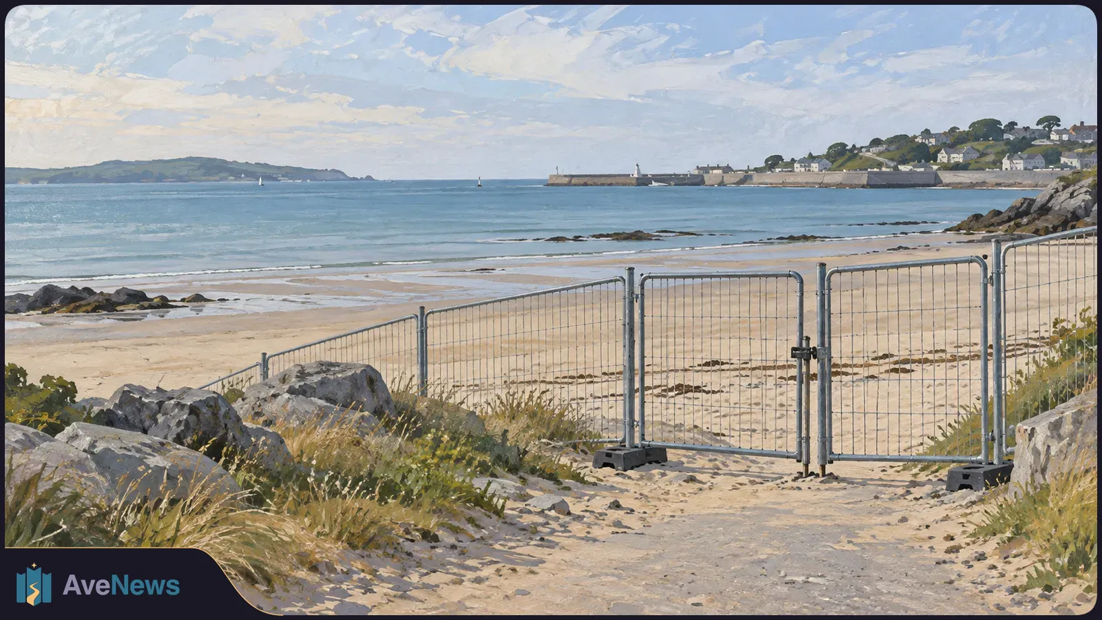 Metal fencing blocks a sandy path to a beach beside calm water, with rocks and grasses in the foreground and houses across the bay. SI illustration