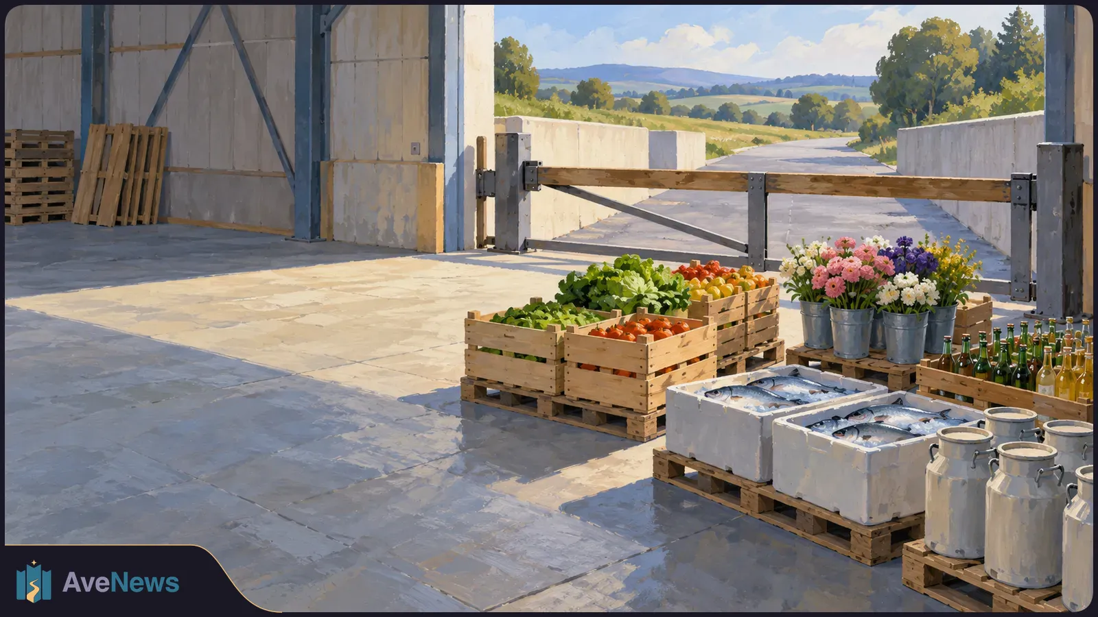 Illustration of crates of vegetables, fish, flowers and bottled drinks beside milk cans in a warehouse, with a wooden barrier across the exit to a country road. SI illustration