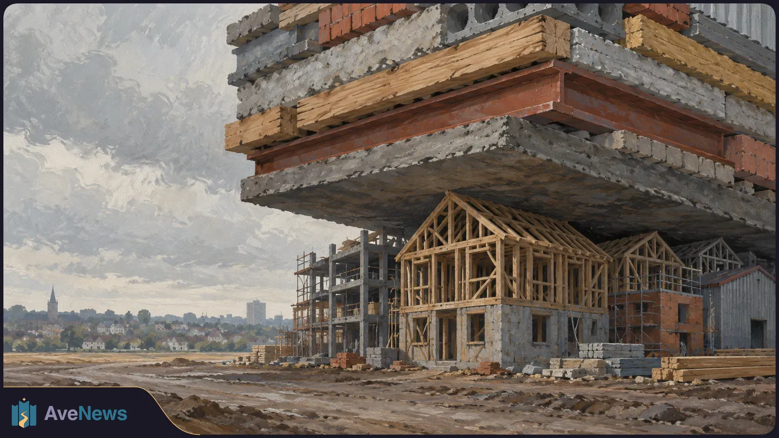 Illustration of timber-framed houses and concrete buildings under construction beside a muddy road, with stacks of building materials looming overhead and a town in the distance. SI illustration