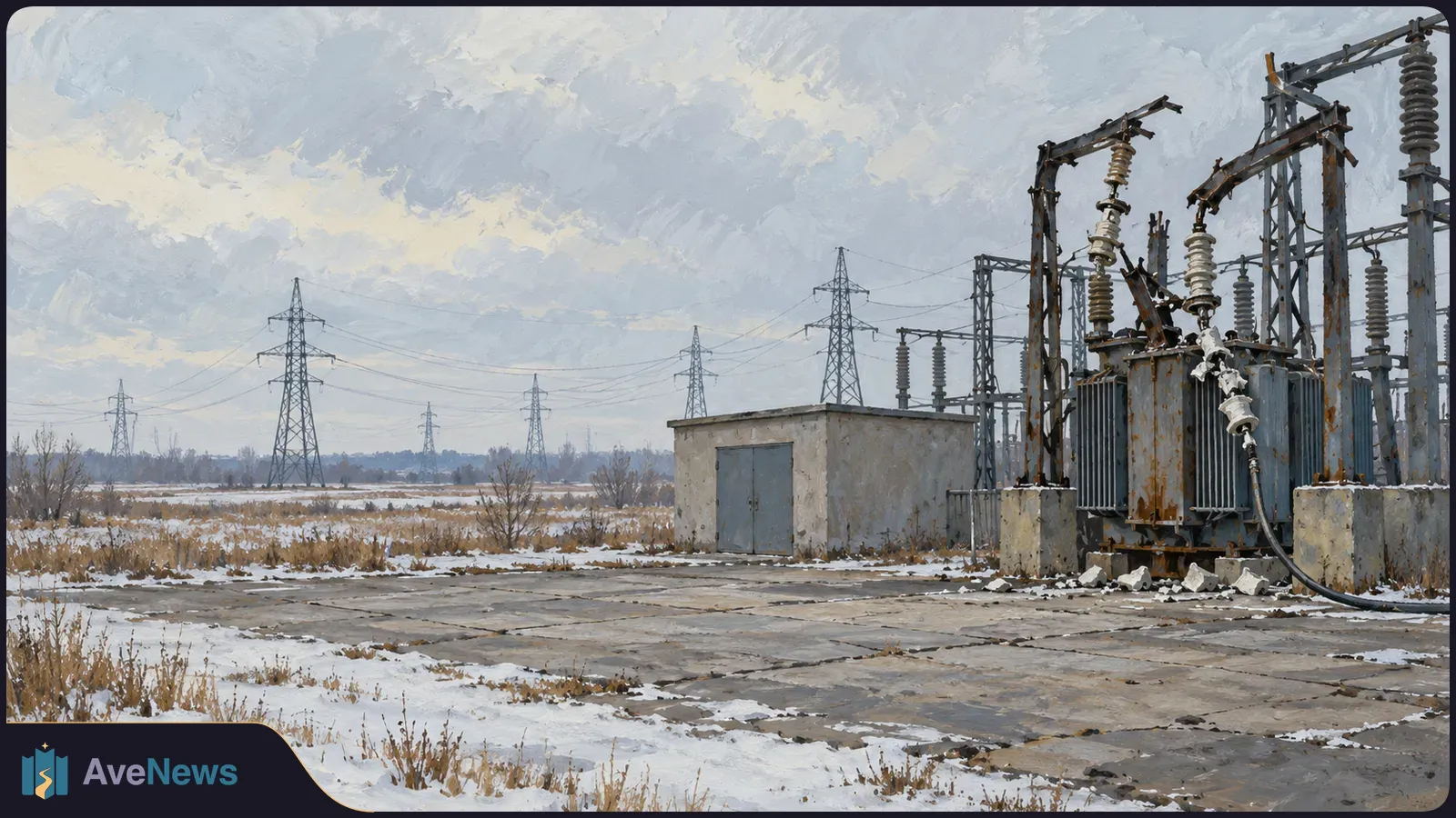 A painted winter scene shows a damaged electrical substation beside a small concrete building, with snow, scattered debris and power pylons in the distance. SI illustration