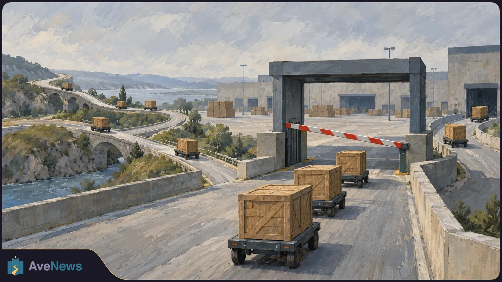 Painted scene of wooden crates on wheeled carts approaching a closed barrier at a warehouse complex, with more carts on winding roads by the water. SI illustration