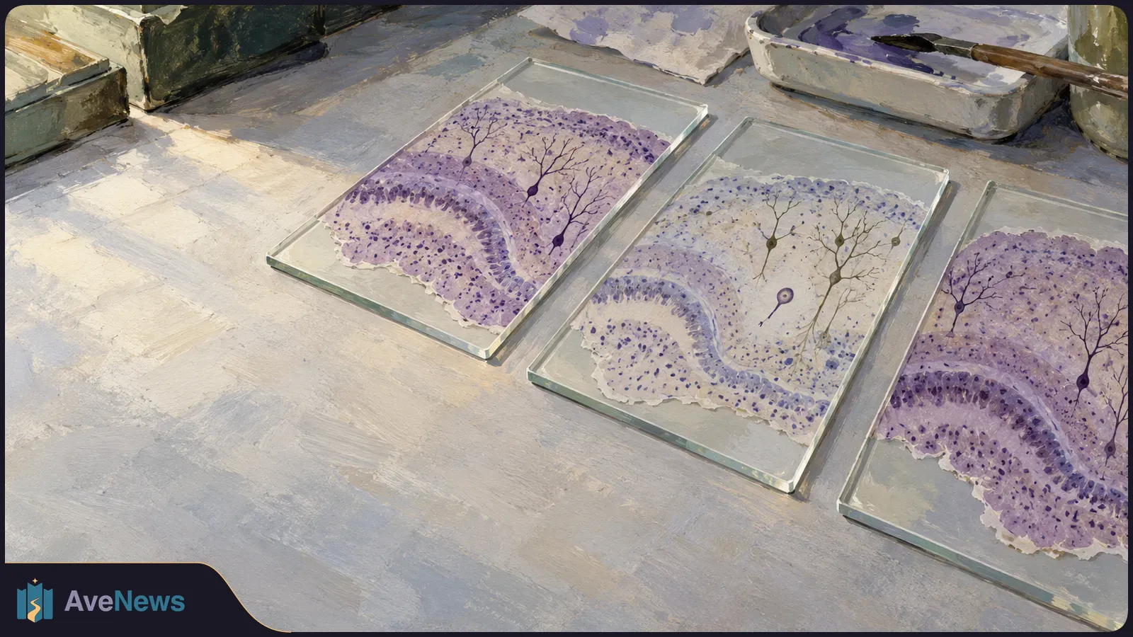 Painterly view of three glass slides holding purple-stained tissue sections with branching neuron-like forms; a paint tray and brush sit nearby. SI illustration