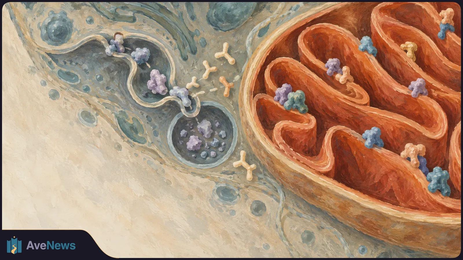 Painted cell close-up with a large orange mitochondrion, its folded inner membrane dotted with colorful molecular clusters, beside a small membrane-bound compartment. SI illustration
