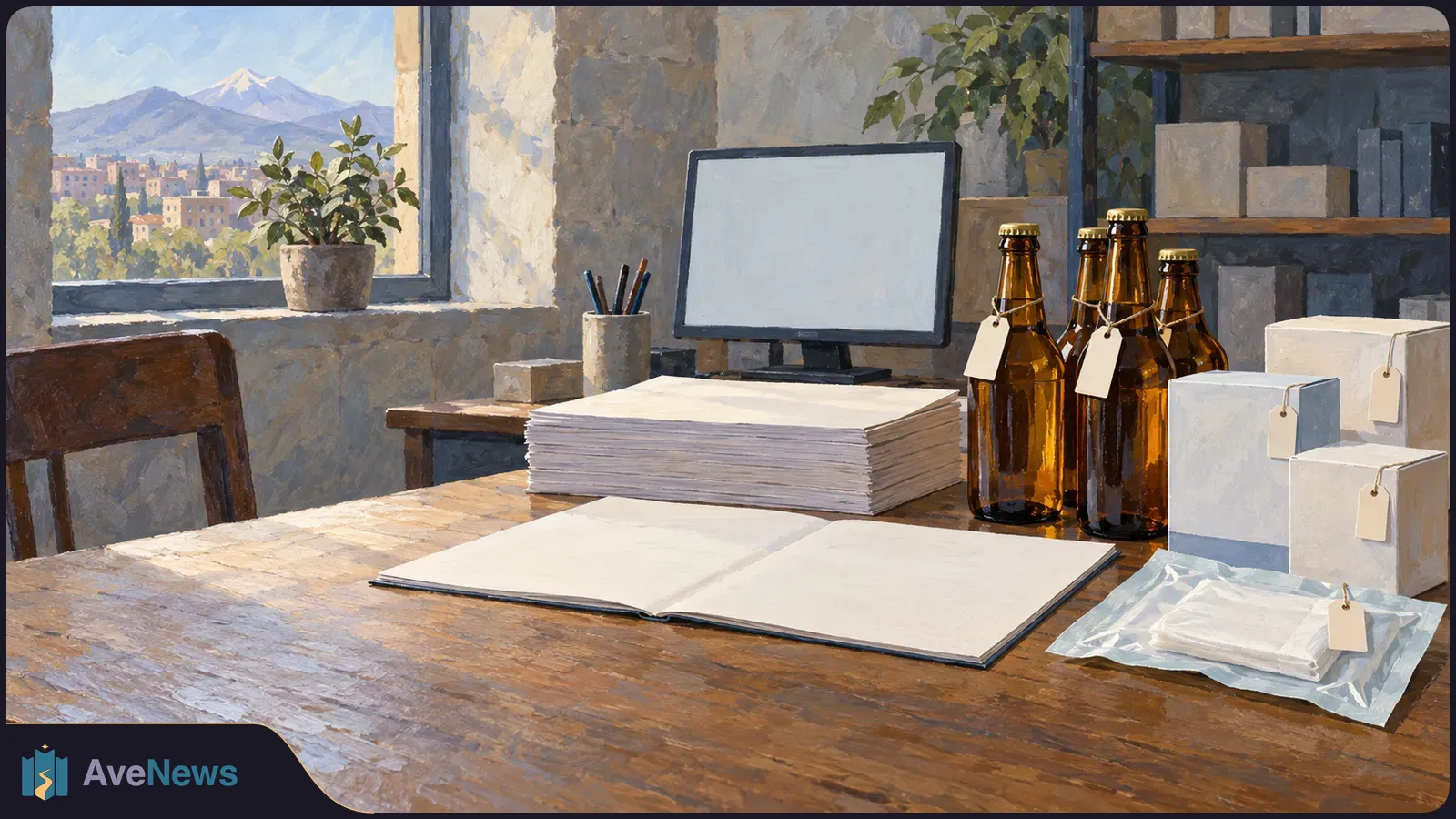 Painted office scene with blank papers and a monitor on a wooden desk, beside amber bottles, white boxes and a packaged item with plain tags; mountains show through the window. SI illustration