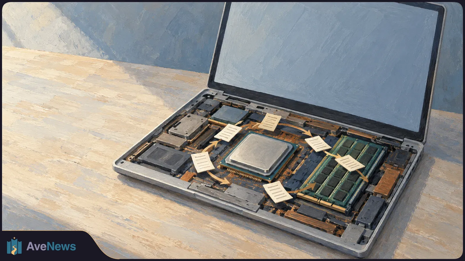 Painted illustration of an open laptop on a desk, with a blank screen and exposed circuitry, a central chip, memory modules, and small paper slips linked by arrows. SI illustration