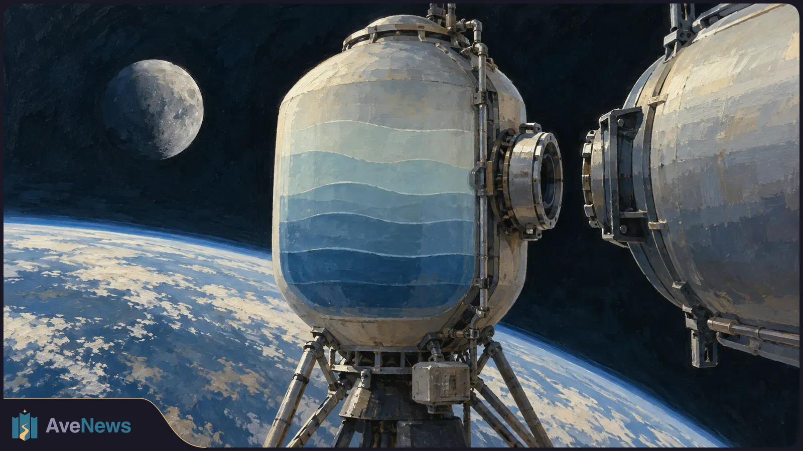 Illustration of two spacecraft modules with facing ports above Earth's curved horizon, with the Moon in the dark sky. SI illustration