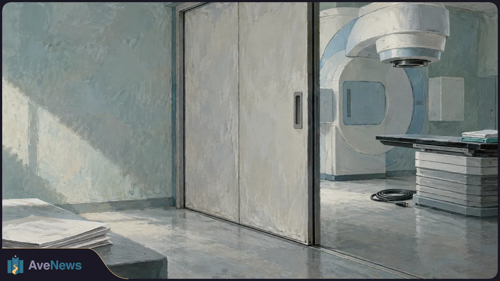 Painterly view through a partly open door into an empty treatment room with a large circular machine, a narrow table, coiled cable and stacks of papers. SI illustration