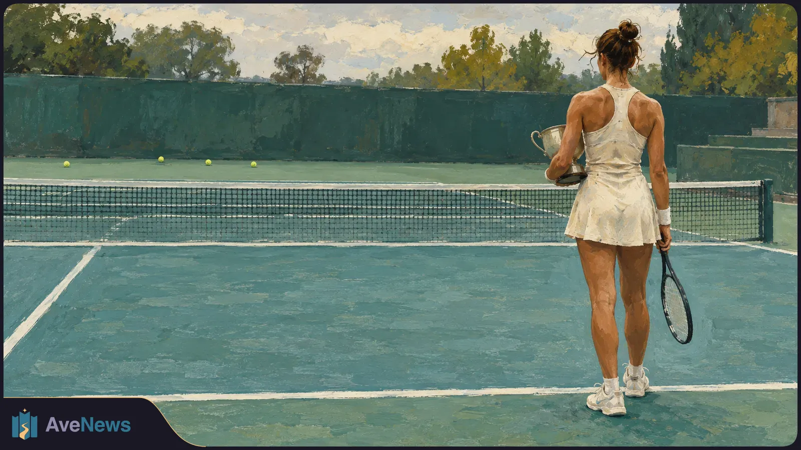 Painted view of a tennis player from behind on a court, holding a racket and trophy beside the net; tennis balls lie across the far side. SI illustration
