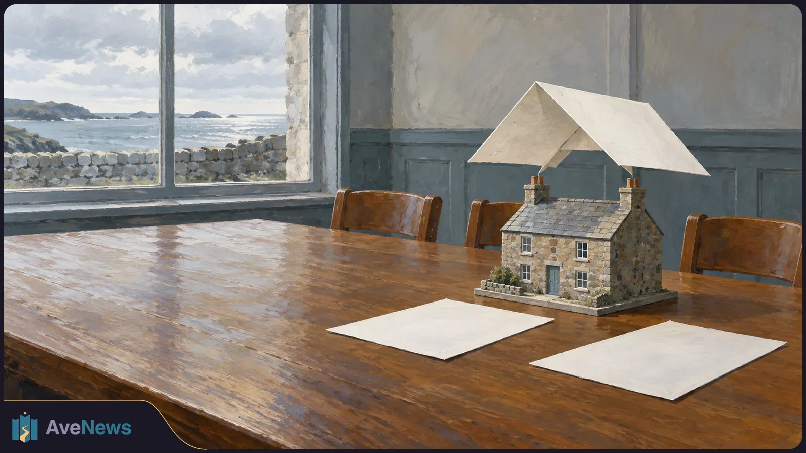 A painted seaside room with a miniature stone house beneath an oversized white roof and two blank sheets on a wooden table. SI illustration
