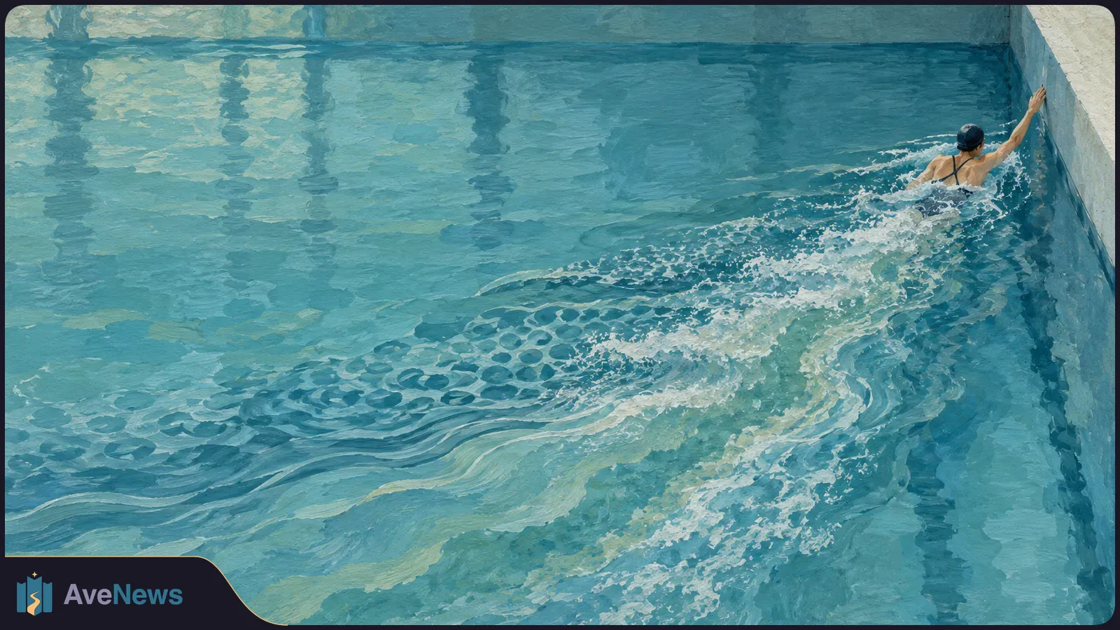 Painterly view of a swimmer in a dark cap reaching toward the wall of a blue pool, with a long trail of white splashing water behind them. SI illustration