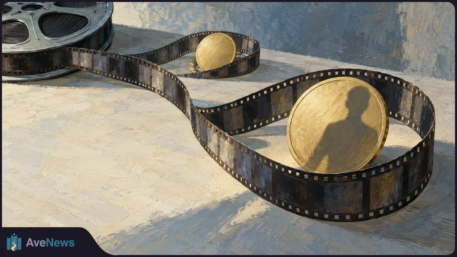 Illustration of a film reel and looping filmstrip around two gold discs; a human silhouette appears on the larger disc. SI illustration