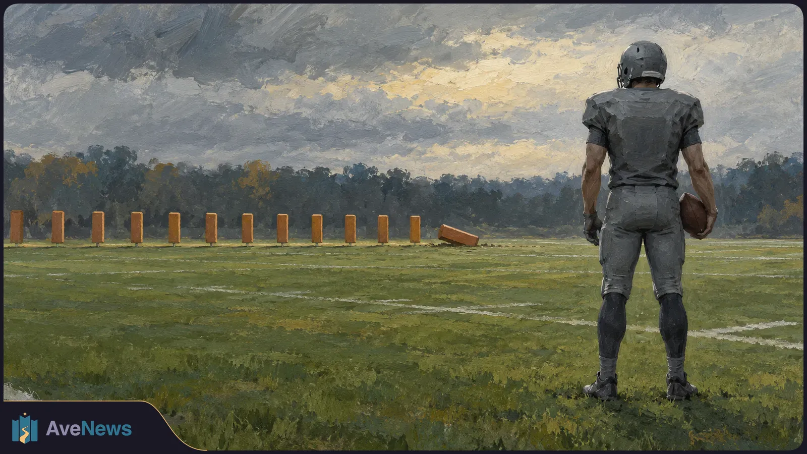 A painted illustration of a football player seen from behind, holding a ball on an empty field. A row of tackling dummies stands in the distance beneath a cloudy sky. SI illustration