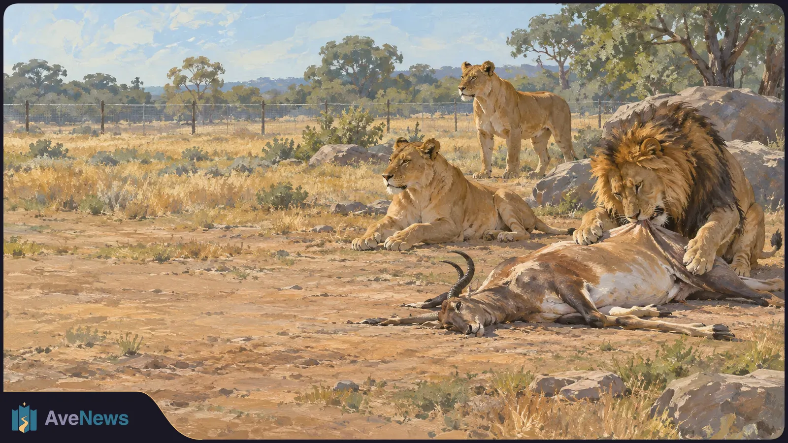 Painted scene of a male lion feeding on a horned animal’s carcass, with one lioness resting and another standing nearby in a dry, fenced enclosure. SI illustration