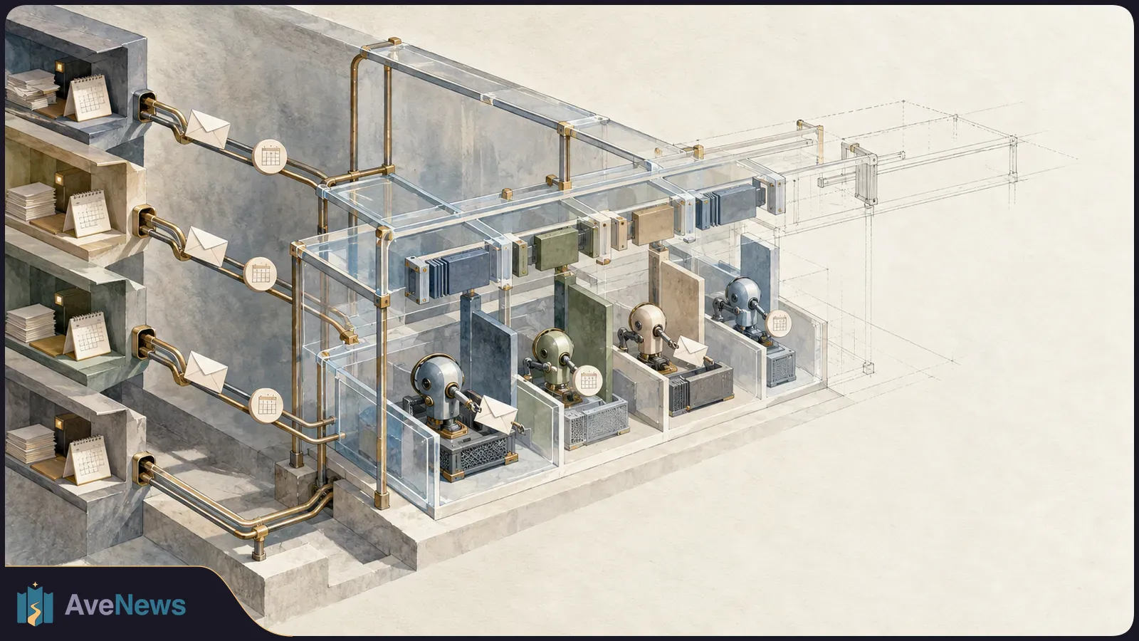 Isometric illustration of paper-filled shelves linked by pipes and envelope and calendar symbols to four glass-partitioned machine bays beneath connected control boxes. SI illustration