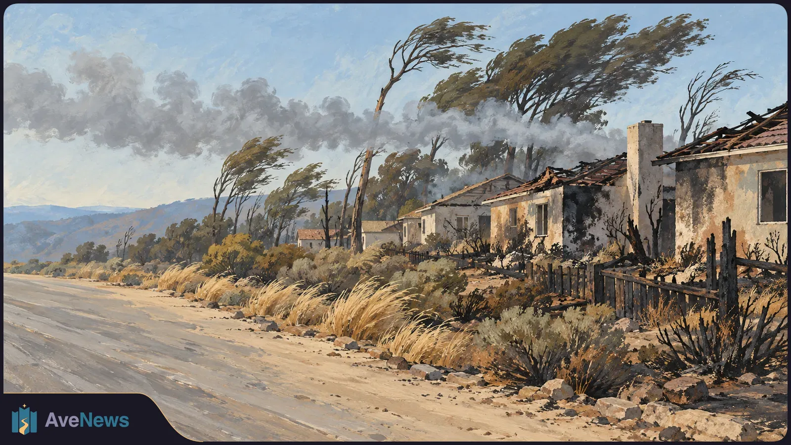 Painted scene of smoke drifting over fire-damaged houses beside a road, with blackened shrubs and trees bent by the wind. SI illustration