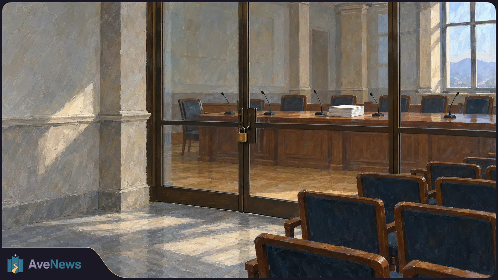 A painting of locked glass doors to an empty meeting room. Microphones and a stack of papers sit on the table; empty chairs stand outside. SI illustration